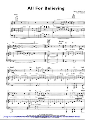 Thumbnail of first page of All For Believing piano sheet music PDF by Missy Higgins.