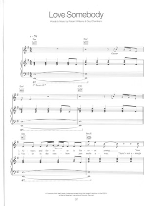 Thumbnail of first page of Love Somebody piano sheet music PDF by Robbie Williams.