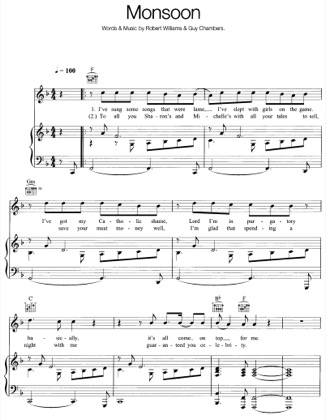 Thumbnail of first page of Monsoon piano sheet music PDF by Robbie Williams.