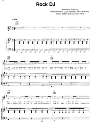 Thumbnail of first page of Rock DJ piano sheet music PDF by Robbie Williams.