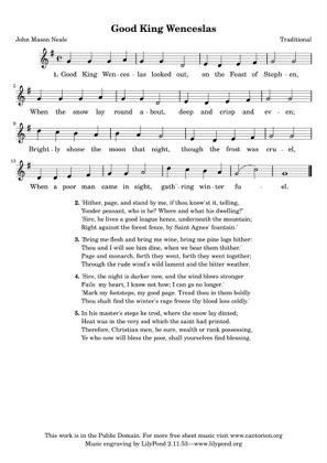Thumbnail of first page of Good King Wenceslas (with lyrics) piano sheet music PDF by Christmas.