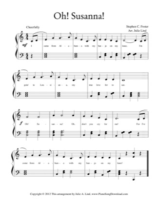 Thumbnail of first page of Oh! Susanna! piano sheet music PDF by Stephen Foster.