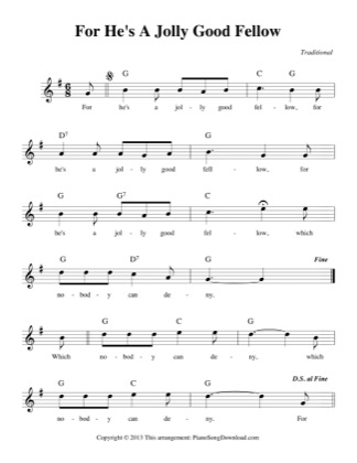 Thumbnail of first page of For He's a Jolly Good Fellow piano sheet music PDF by Kids (Lvl 1).