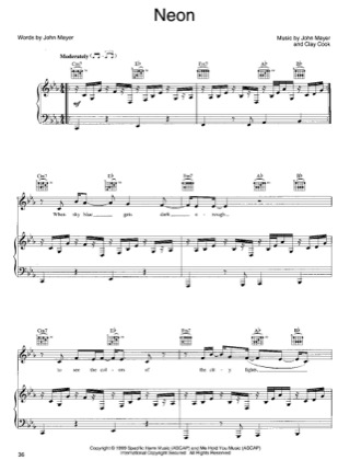 Thumbnail of first page of Neon piano sheet music PDF by John Mayer.