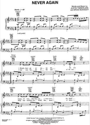 Thumbnail of first page of Never Again piano sheet music PDF by Justin Timberlake.