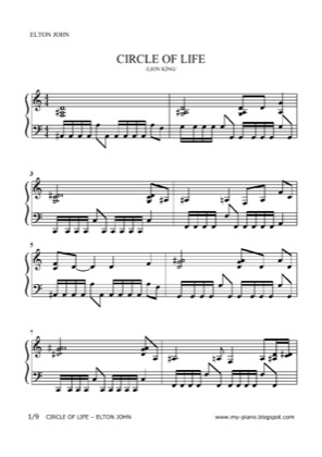 Thumbnail of first page of Circle of Life piano sheet music PDF by The Lion King.
